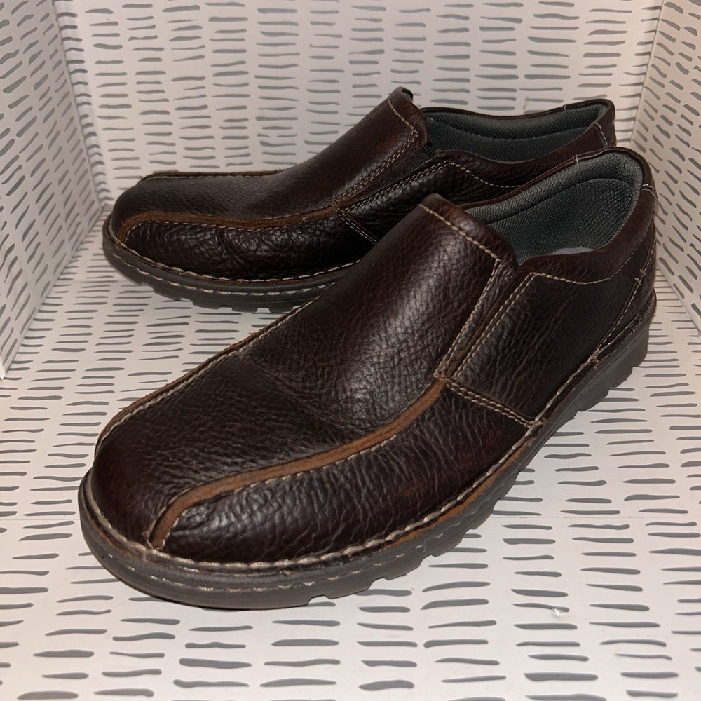 Clarks Mens Dark Brown Leather Slip On Loafers Square Toe Shoes 10 Moc Toe Lug